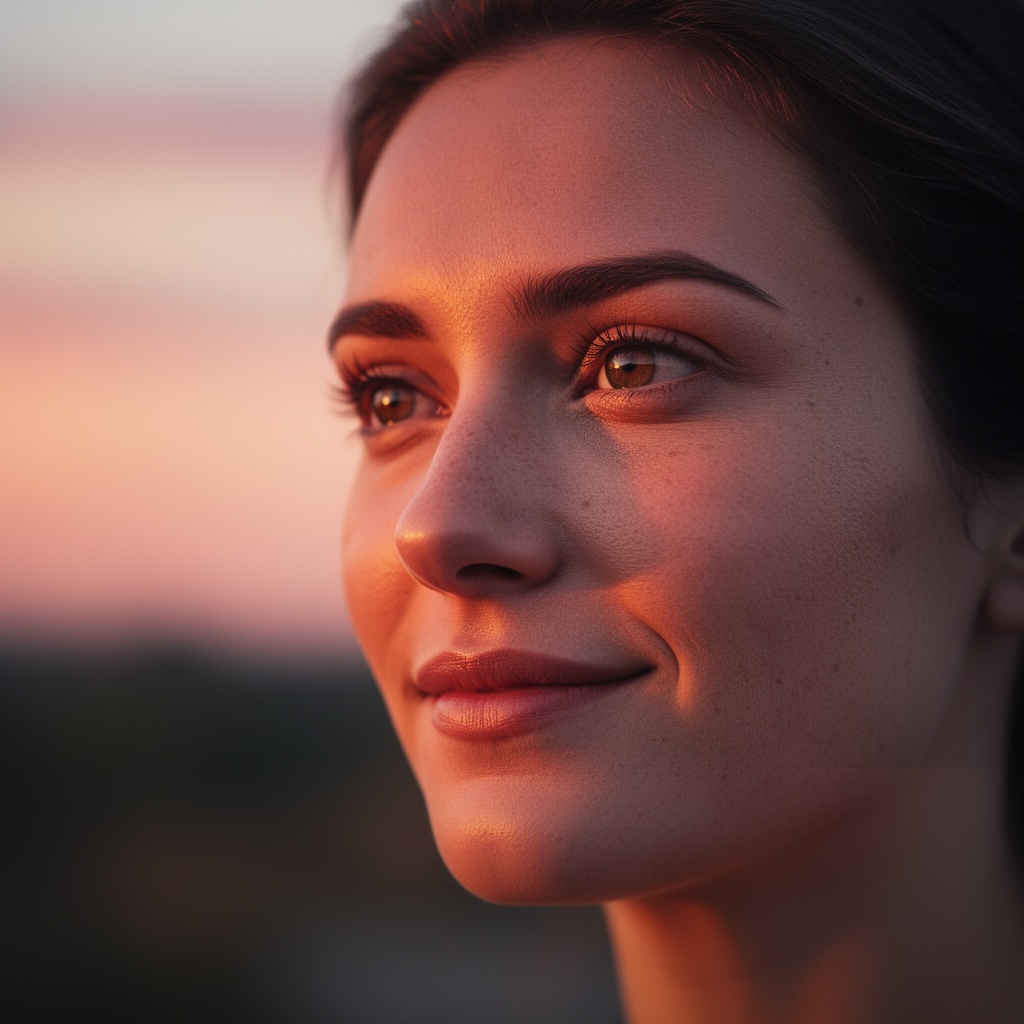 A hyper-realistic portrait of a woman in natural sunset light, ultra-fine skin texture, soft shadows, emotional expression, shallow depth of field.